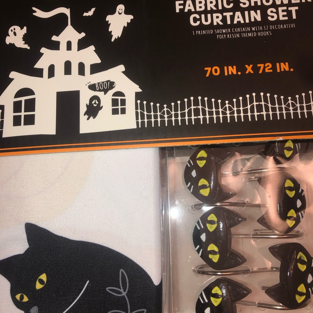 🐈‍⬛👻 Halloween Fabric Shower Curtain Set with Black Cat Design & BLACK CAT hooks